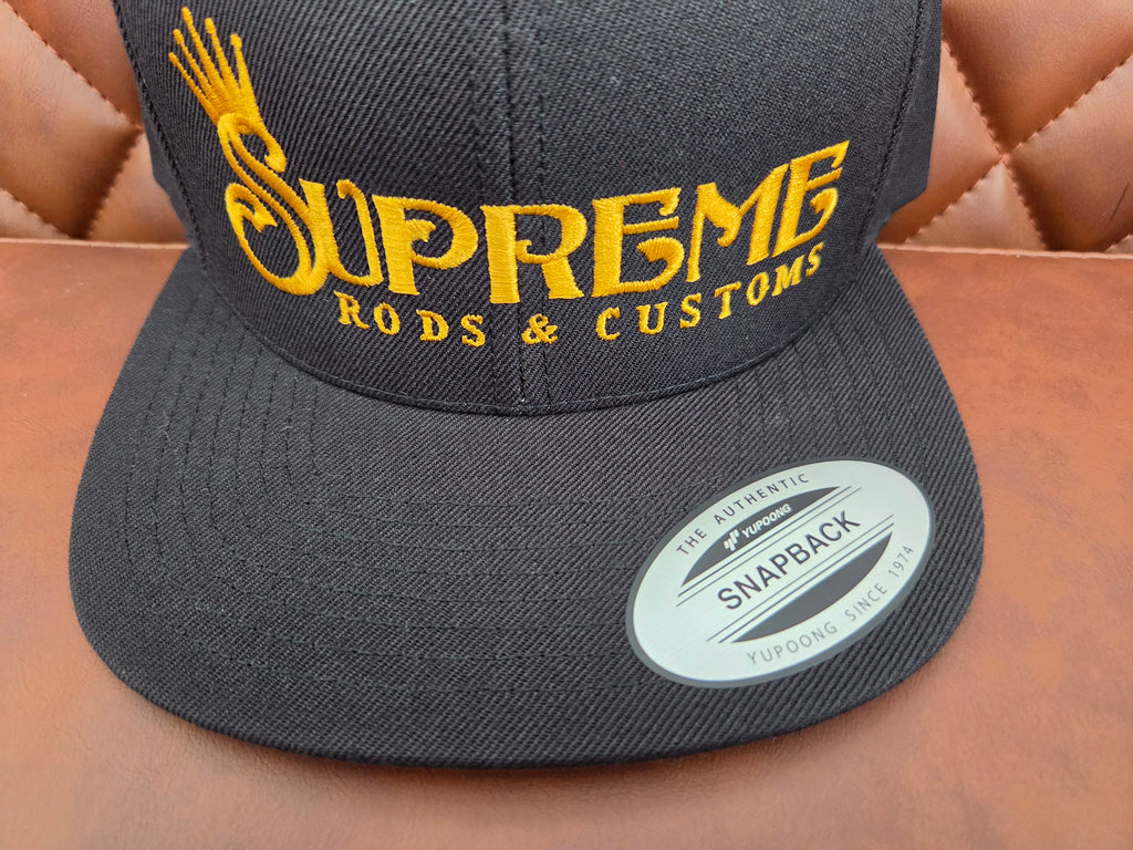 Snap Join Black flat bill snap back with Hoodrich gold lettering – Supreme Rods ...